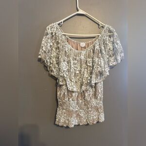 Suzy Shier Lace Off-Shoulder Blouse in Cream and Brown